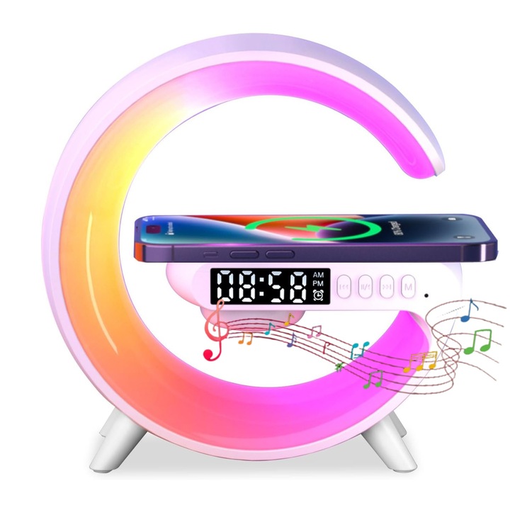 Lampa Decorativa Multifunctionala, Lampa Smart LED RGB 3 in 1, Incarcare Rapida 15W, 6 Moduri de Culoare, Ceas, Alarma si Boxa Bluetooth, Lumini Ambientale LED cu Sincronizare Muzicala, Pentru Adulti si Copii, Alb