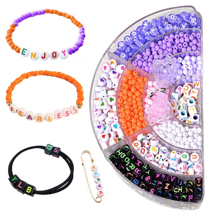 Set 1300 margele cu litere, Acril, 4x7 mm, Violet