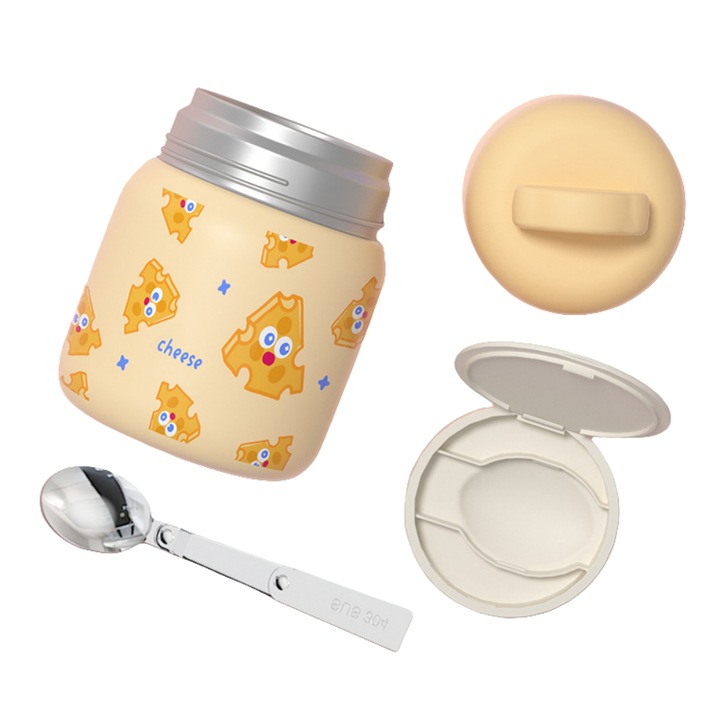 Termos de mancare, Fantasy, 500 ml, lingura pliabila inclusa, capac cu manerIntegrat Utilizabil ca Bol, Non-Slip, Portabil, Design Ergonomic, Inox, dimensiuni 10x10x18cm, Bej