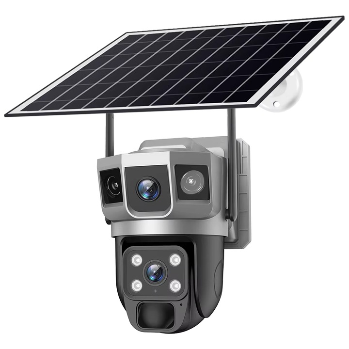 Camera de supraveghere cu panou solar MaGeCa, WIFI, 4MP Full HD, Rotire automata, 3 zone supravegheate simultan, Acumulator incorporat, Detectarea miscarii, Comunicare bidirectionala, Vedere nocturna, Stocare prin card SD/Cloud, Rezistenta la apa, Gri