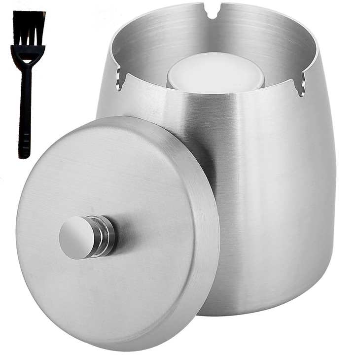 Пепелник с ветроустойчив капак, Hggzeg, Размер M, Преносим, Устойчив на ръжда, Неплъзгащ се, Лесен за почистване и премахване, Намалява миризмите, Подходящ за вътрешни дворове, тераси, балкони, Неръждаема стомана, 10,5x7,5x9 см, Сребрист