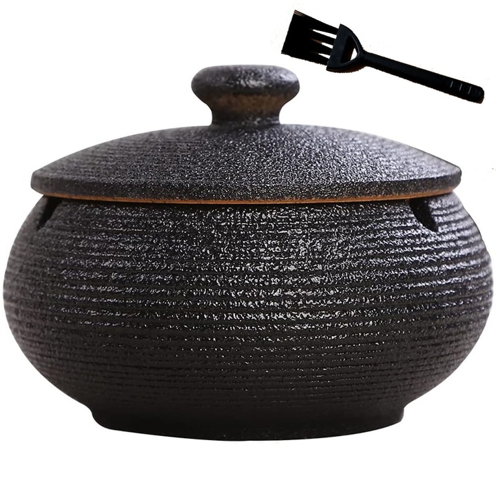 Kerámia hamutartó fedővel, Hggzeg, Granulált máz, Szélálló kivitel, Csúszásmentes alsó, Csökkenti a szagokat, Alkalmas teraszra, teraszra, erkélyre, 9,5x7x8cm, Fekete