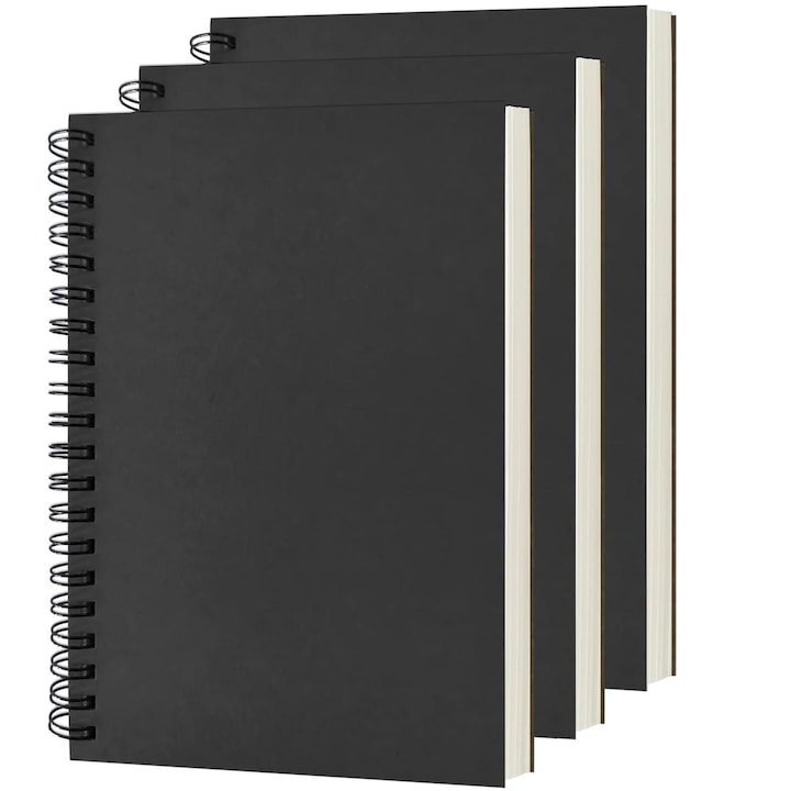 Set 3 Agenda A5 cu spira metalica, Hggzeg, 100 de pagini, 100gsm, Pagina interioara goala, Usor de scris, Pentru serviciu, acasa, scoala si calatorii, 21 x 14 cm, Negru