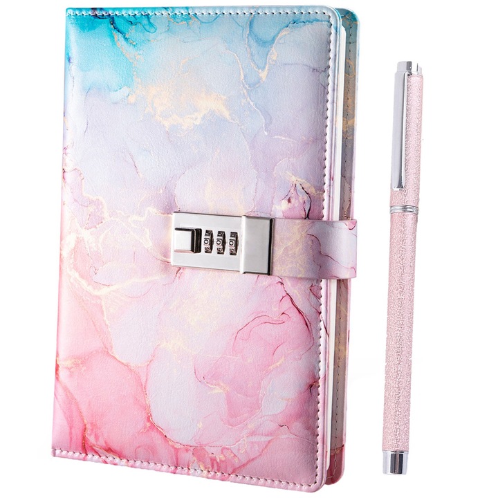Set agenda/stilou, Hggzeg, Cu incuietoare cu combinatie, A5, 180 de pagini, 100gsm, Contine pagini diferite, Marmura model capac, Cu 1 pix cu gel metalic, 22x15cm, Roz