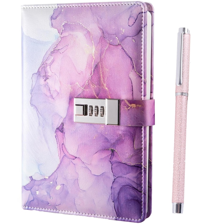 Jegyzetfüzet/toll készlet, Hggzeg, Kombinált zárral, A5, 180 oldal, 100 g/m2, Különböző oldalakat tartalmaz, Márvány mintás borító, 1 db fém zselés tollal, 22x15cm, Lila
