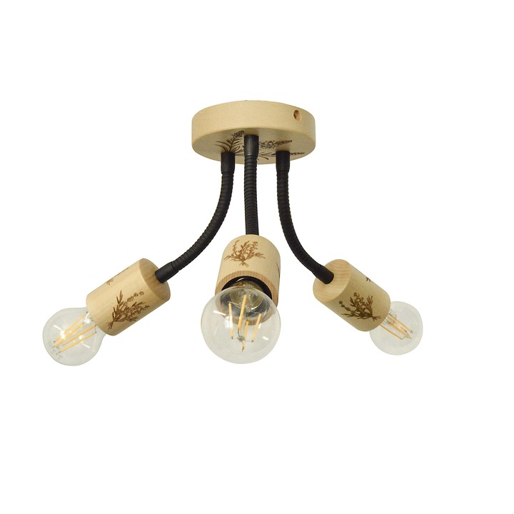 Plafoniera din lemn 3x60W, culoare lemn deschis, decor lavanda, piese metalice pentru setarea directiei luminii