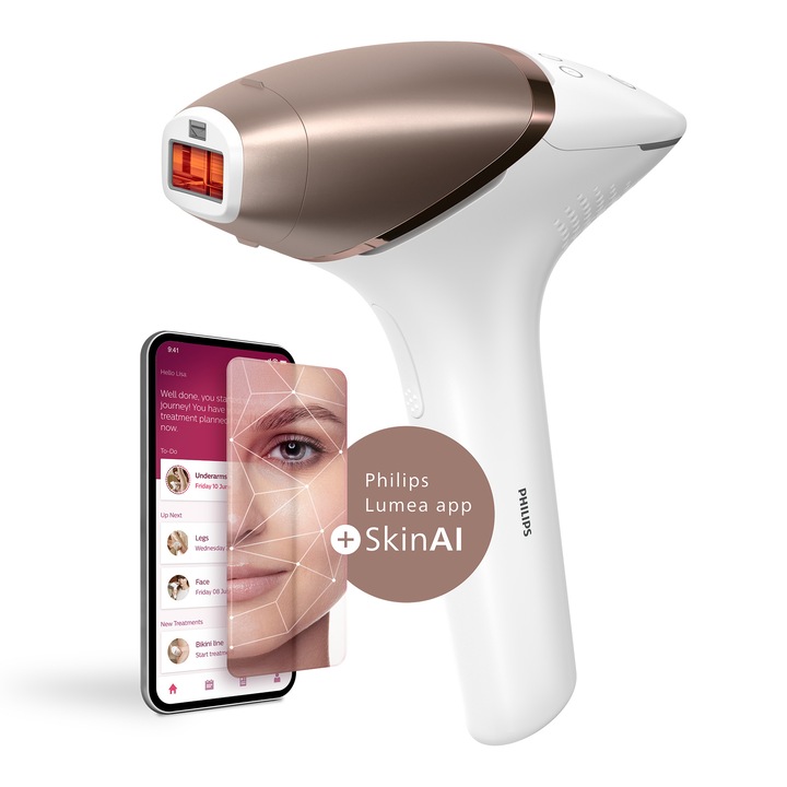 IPL епилатор Philips Lumea Series 9900 BRI950/01, Сензор SmartSkin, Връзка с приложението с функцията Skin AI, Използване с или без кабели, 450 000 импулса, Аксесоари: лице, тяло, Rose Gold/White