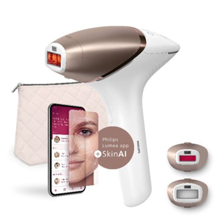 IPL епилатор Philips Lumea Series 9900 BRI950/01, Сензор SmartSkin, Връзка с приложението с функцията Skin AI, Използване с или без кабели, 450 000 импулса, Аксесоари: лице, тяло, Rose Gold/White