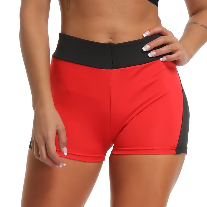 Pantaloni scurti sport STIMEX rosii si negri, pentru sala si yoga, material usor, croiala ajustata, M INTL
