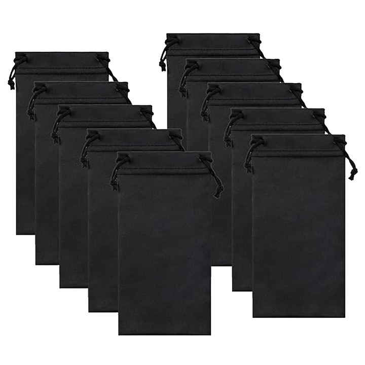 Set 10 Pungi din Microfibra pentru Ochelari, Negru, 18x9cm