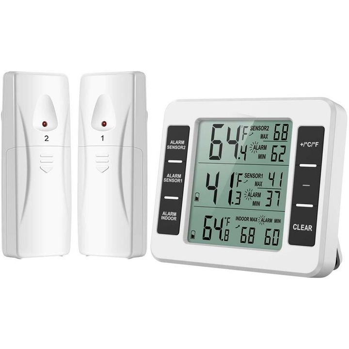 Termometru digital pentru frigider si congelator, AMRINUGL, 2 senzori, utilizare interioara si exterioara, alarma de temperatura, ecran LCD 3.6 inch