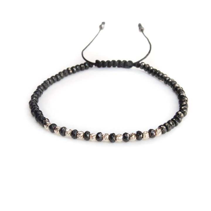 Bratara reglabila cu hematit gri inchis si 10 bile aur 14k de 2.5 mm
