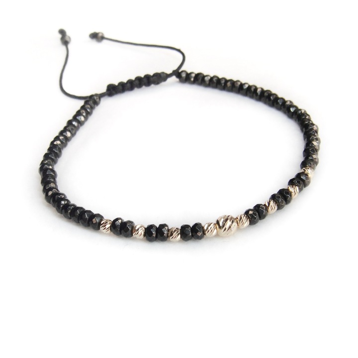 Bratara reglabila cu pietre hematit gri inchis, 8 bile aur 14k de 2.5 mm si una de 4mm