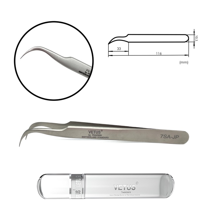 Penseta pentru gene Vetus 7-SA-JP, design curbat, otel, gri, 14cm