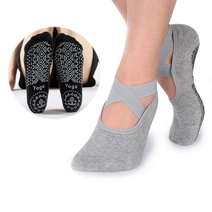 Set de 2 perechi de sosete antiderapante, LEIISVK, Yoga/Pilates, Bumbac, Negru/Gri deschis, Marime 36-40