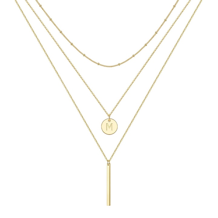 Colier stratificat auriu, LEIISVK, litera M gravata, 51-60cm, fara pietre