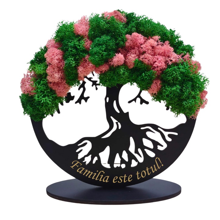 Tablou din lemn - Familia este totul! - v5 decorat cu licheni stabilizati verde-roz, diametru 20 cm, neagra