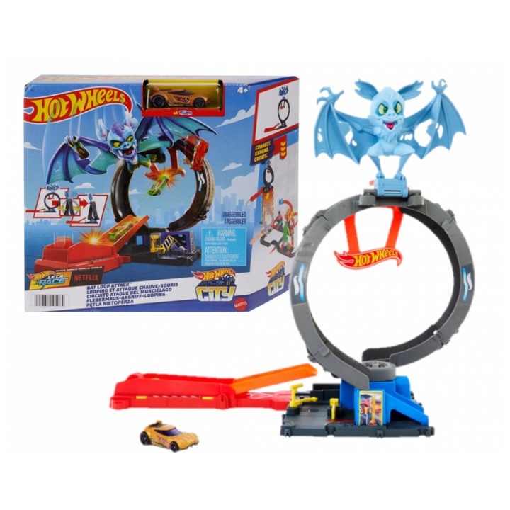 Комплект писта Hot Wheels с лупинг и количка, Mattel, Мащаб на количката 1:64, Препоръчителна възраст 4+, Мотив Див люляк, Серия Hot Wheels City, Многоцветен