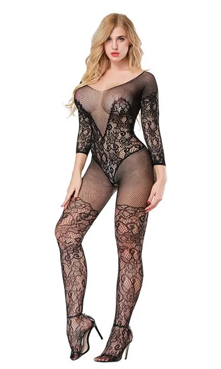 Salopeta sexy, STIMEX, maneca lunga, decolteu indraznet, negru, polamida-elastan, One Size INTL