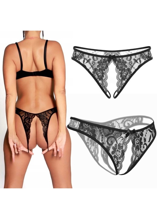 Figi sexy STIMEX cu deschidere in croc, perle decorative, negru, marime S-L