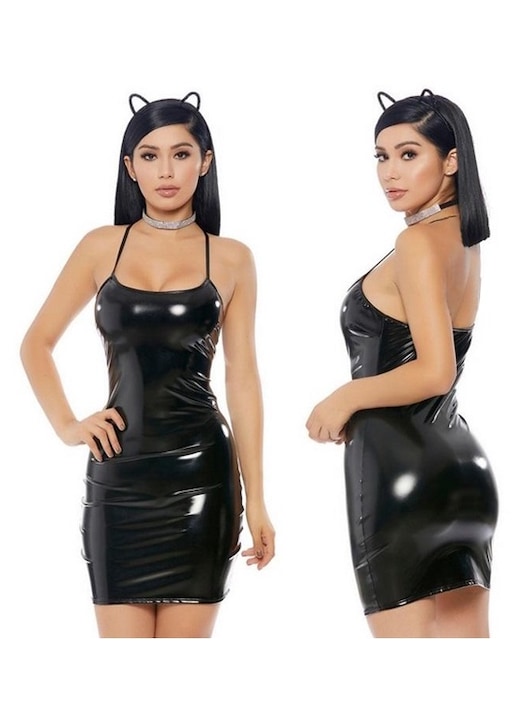 Mini rochie sexy din vinyl, STIMEX, neagra, marime 38-45 cm, lungime 50 cm
