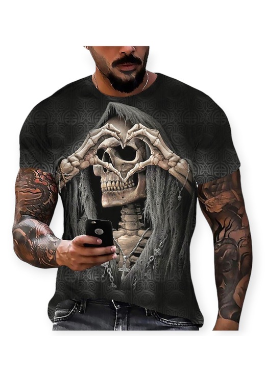 Мъжка тениска, STIMEX, готик модел, 3D принт на череп, тъмна, качествена материя, Черен