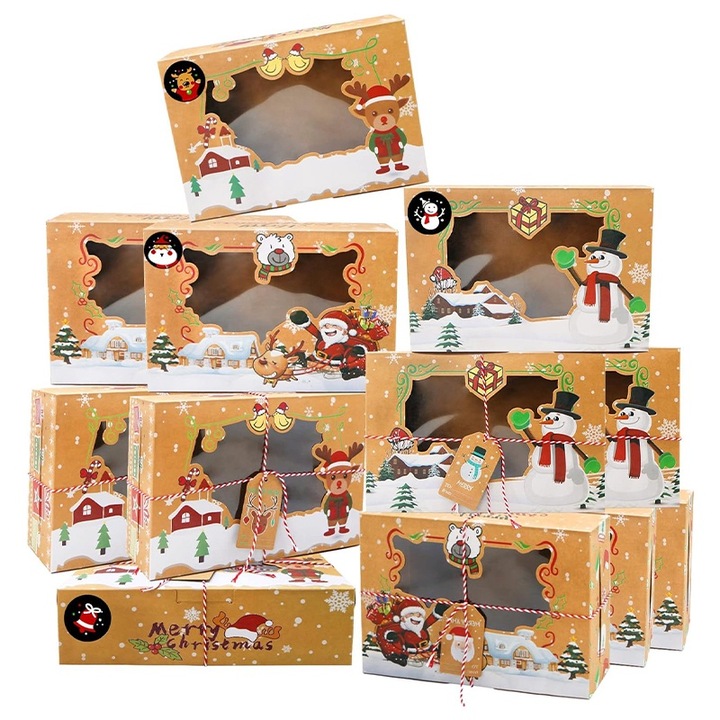 Set 12 cutii de prajituri de Craciun cu fereastra, Rqiurpn, 22x15x7 cm, design unic, Maro