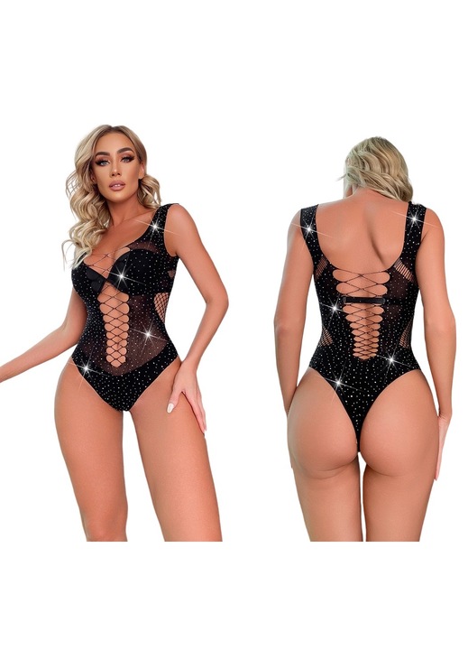 Body sexy STIMEX cu plasa, zirconi, negru, poliamida, One Size INTL