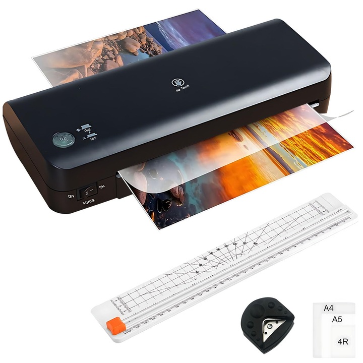 Lamináló, kettős meleg és hideg funkció, 40 cm/perc, 15 lamináló zacskó, otthonra, iskolába, irodába, Walalla, Matt fekete, A4/A5/A6