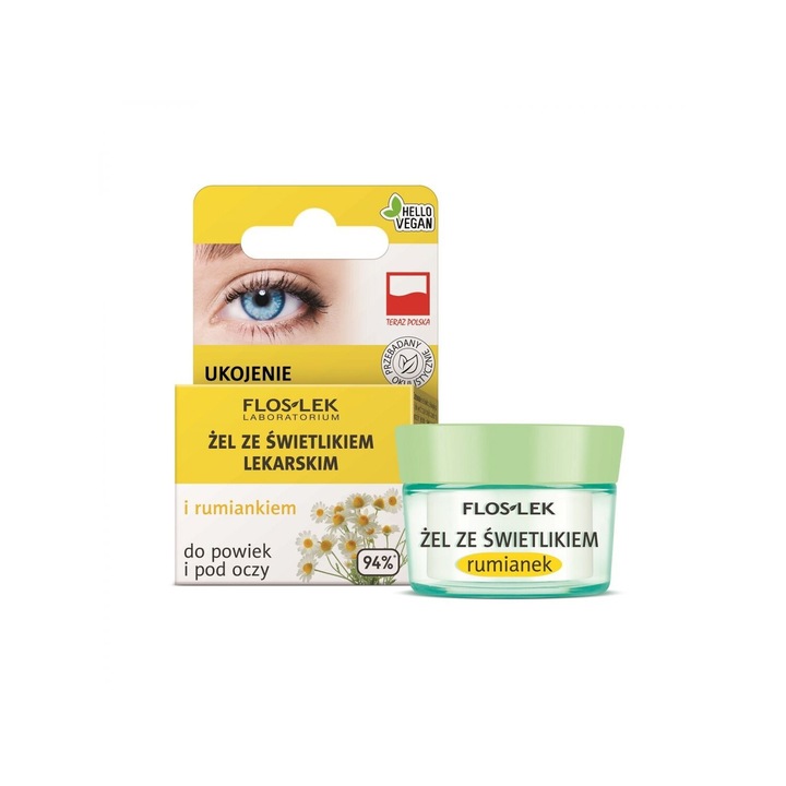 Szemkörnyékápoló gél szemvirággal és kamillával, FLOS-LEK, 10g, vegán, 94%-ban természetes összetevők