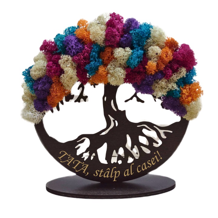 Tablou din lemn - Tata, stalp al casei! - v4 decorat cu licheni stabilizati portocaliu-albastru, diametru 20 cm, wenge