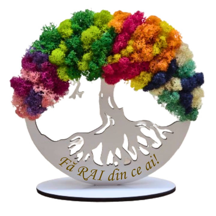 Tablou din lemn - Fa rai din ce ai! - v1 decorat cu licheni stabilizati rosu-roz, gravat, diametru 20 cm, alb