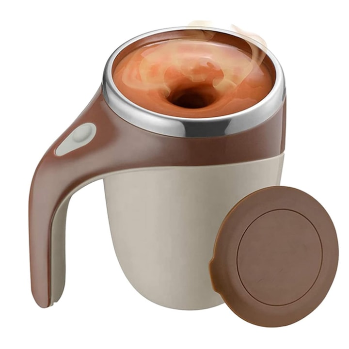 Cana Magnetica Inteligenta EDAR cu Auto-Amestecare, Electrica, USB, Tip Termos, Pentru Cafea, Ceai, Alte Bauturi, Din Otel Inoxidabil, Cu Capac, Capacitate 380ml, Maro