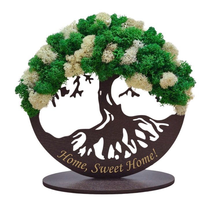 Tablou din lemn - Home, Sweet Home! - v3 decorat cu licheni stabilizati verde-alb, diametru 20 cm, wenge