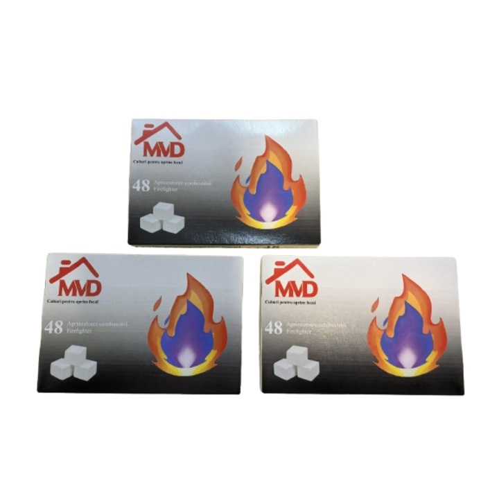 Set 144 Cuburi pentru Aprins Focul mvd, 3 cutii, pastile aprinzatoare, timp indelungat de ardere, incalzire centrala, seminee, sobe, camping, drumetii