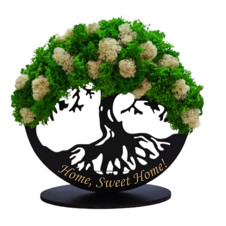 Tablou din lemn - Home, Sweet Home! - v6 decorat cu licheni stabilizati verde deschis-alb, diametru 30 cm, neagra