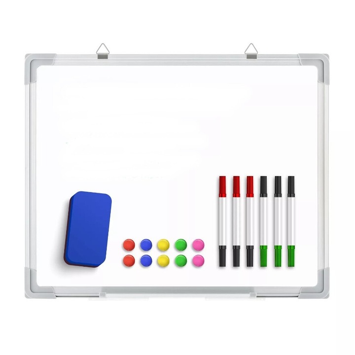 Set tabla magnetica de perete cu magneti, burete si markere, Otel/PP/Aluminiu, 50x40 cm, alb, Vivo TK0127