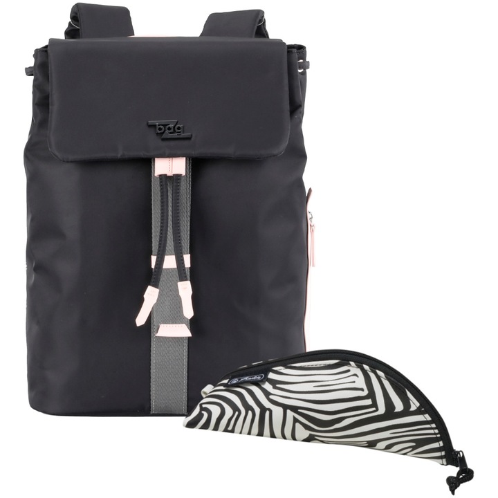 Set Rucsac Heritz, Bagz 42x29x13 negru & Penar Heritz, tip etui Cocoon, piele sintetica, motiv white