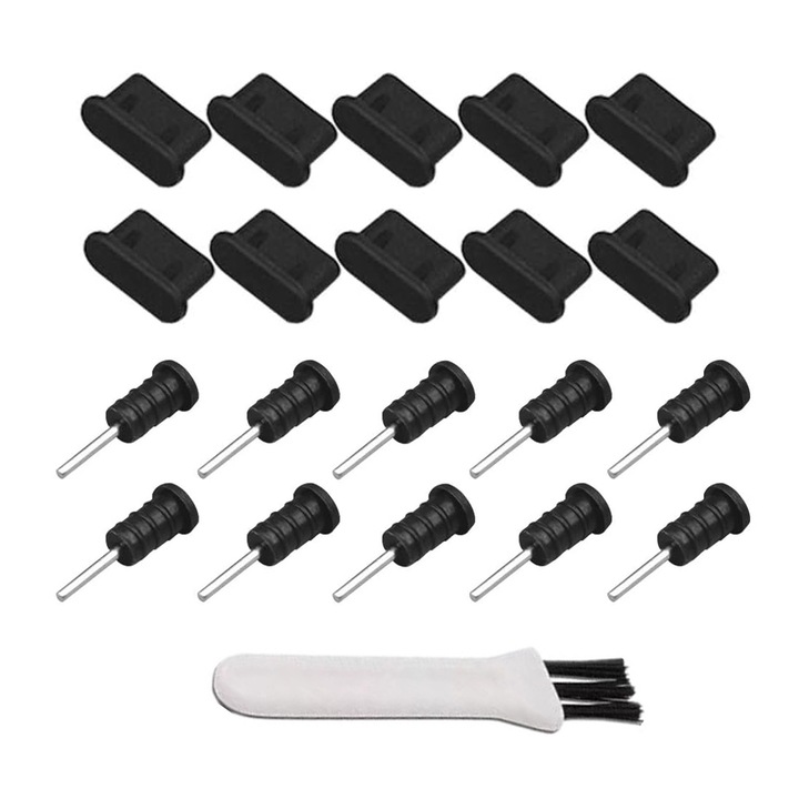 Set 21 mufe pentru protectia porturilor dispozitivelor impotriva prafului si murdariei, Axroad Mall, Cu perie de curatare, Usor de utilizat si de indepartat, Pentru porturile USB-C si AUX, Silicon, Negru