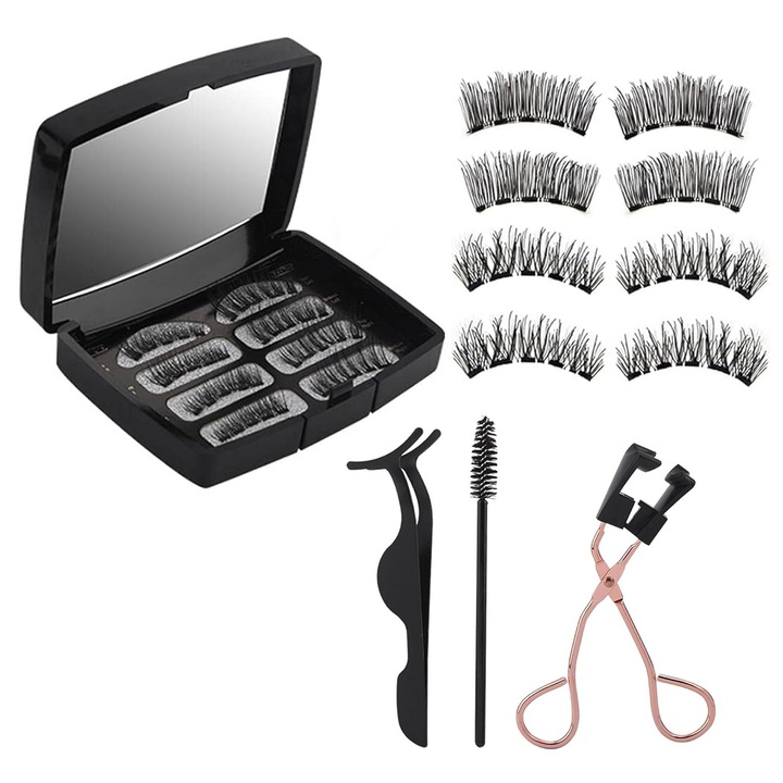 Set 4 Perechi Gene False Magnetice plus Tus Magnetic, Axroad Mall, Cu ondulator de gene si perie mascara, Aspect Natural, Usor de purtat si de indepartat, Reutilizabile, Negru