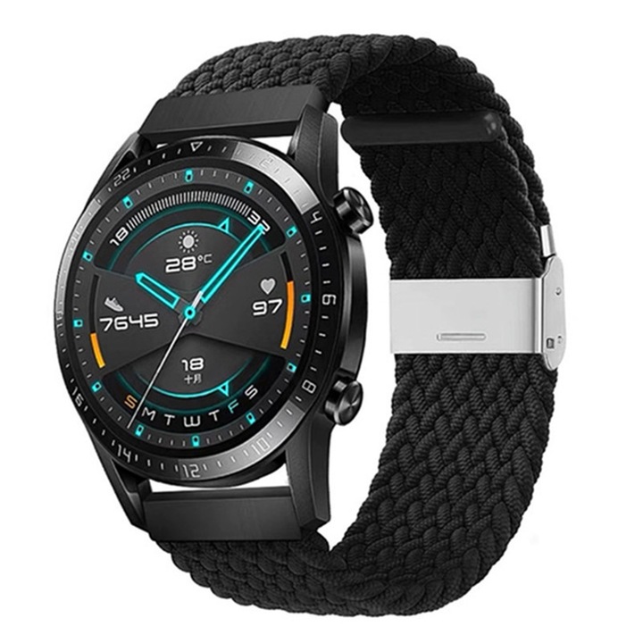 Óraszíj Huawei Watch GT, GT2, GT3, Samsung Galaxy Watch 3 vagy bármilyen 22 mm-es szíjszélességű okosórához, Axroad Mall, állítható, légáteresztő és kényelmes, nejlon/rozsdamentes acél, fekete