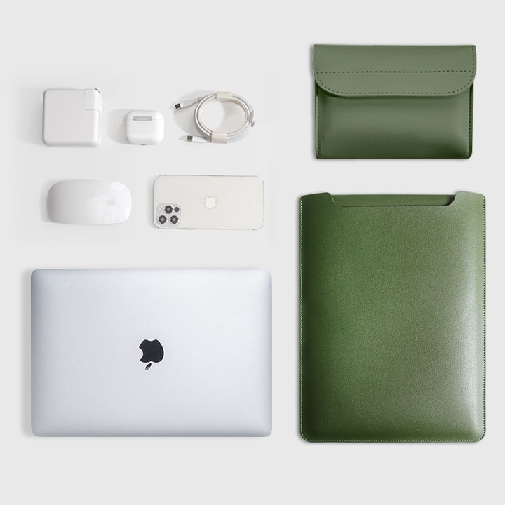 Husa Laptop, 13-14 inch piele PU premium compatibila cu MacBook Air, MacBook Pro, Piele Ecologica, Marime Universala, 34.5x25.3cm, Verde