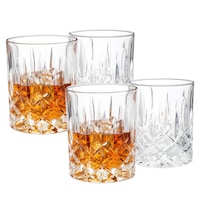 Set 4 Pahare Whisky, Axroad Mall, 300ml, Imprimeu modern, Textura de lux usoara, Usor de prins si de curatat, Puternic si durabil, Pentru a bea Bourbon, Scotch, Coniac, Sticla, 7.7 x 9.5 x 8cm, Transparent