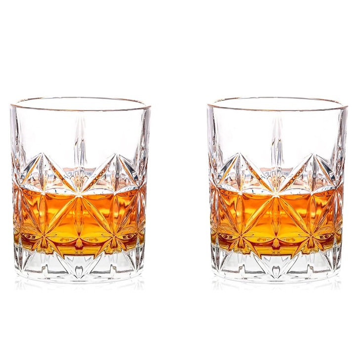 Комплект чаши за уиски Axroad Mall, 2 части, 300 ml, щампа със снежинки, лека луксозна текстура, лесни за хващане и почистване, кристално чисти, здрави и издръжливи, за пиене на бърбън, скоч, коняк, стъкло, 8 x 9 x 8,3 cm, прозрачни