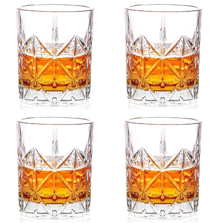 Комплект чаши за уиски Axroad Mall, 4 части, 300 ml, щампа със снежинки, лека луксозна текстура, лесни за хващане и почистване, кристално чисти, здрави и издръжливи, за пиене на бърбън, скоч, коняк, стъкло, 8 x 9 x 8,3 cm, прозрачни