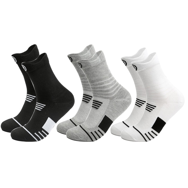 Set De Sosete Unisex, Axroad Mall, 3 perechi, Lungime medie, Absorbant de transpiratie, Moliciune si respirabilitate, Anti-Frecare, Pentru fotbal, rugby, baschet, alergare, drumetii, yoga, pilates, Marime universala, Negru/Alb/Gri