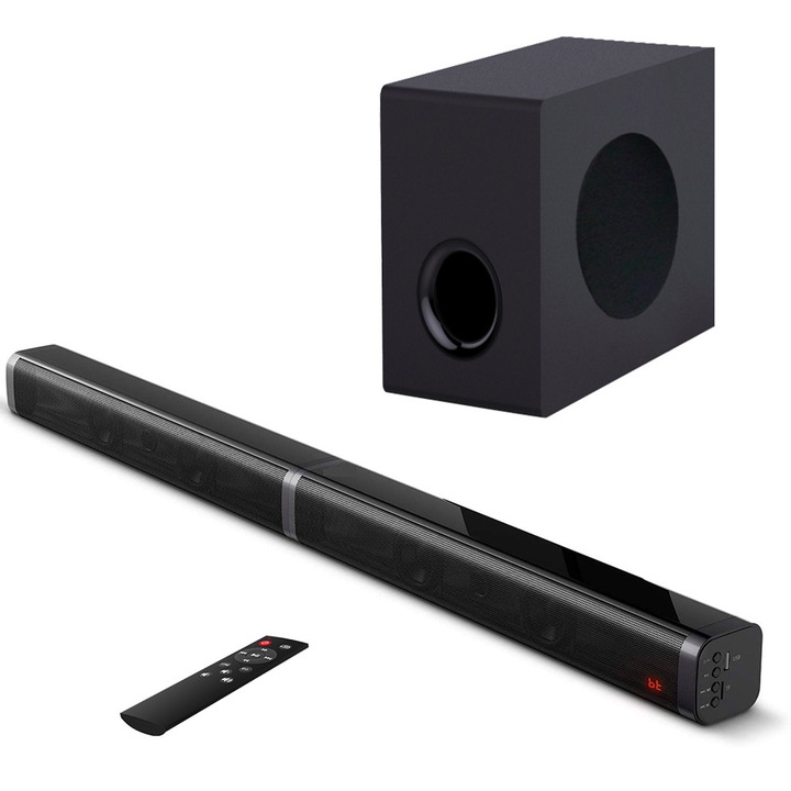 Soundbar, Axroad Mall, Дистанционно управление, С безжичен субуфер, 80 W, Bluetooth, USB, HDMI (ARC), Aux in, Разглобяеми сателити, Подходящо за TV, игри, музика, развлечения, ABS/Метал, 473 x 60 x 60mm/ 345 x 160 x 230 мм, черен