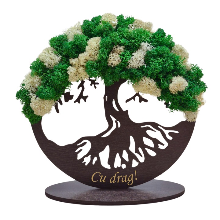 Tablou din lemn - Cu drag! - v3 decorat cu licheni stabilizati verde-alb, diametru 20 cm, wenge