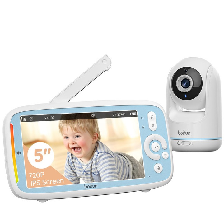 Baby Monitor BOIFUN cu ecran IPS de 5", camera 360°, vedere nocturna, audio bidirectional, VOX, senzor de temperatura, baterie de 3050mAh, nu necesita WiFi
