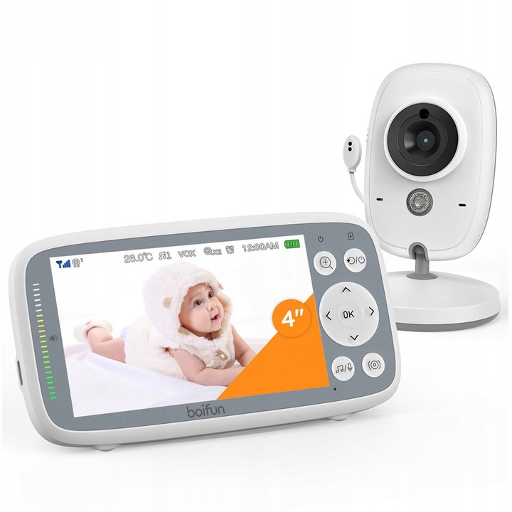 Baby Monitor video pentru bebelusi BOIFUN, ecran IPS 720P, vedere nocturna in infrarosu invizibila, VOX, fara WiFi, conversatie bidirectionala, detectare temperatura, 4 inch, memento hranire
